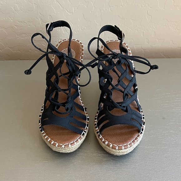 SO Kohls 6 Ketch Black Lace Up Jute Platform Wedge Espadrille Sandals Worn Once! - Picture 5 of 11